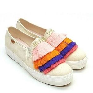 Keds Cream Platform Slip-On Sneakers with Pink, Orange & Purple Fringe